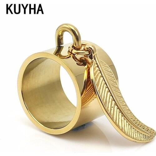 Stainless Steel Metal Shiny Ring Engravable Gold Color Midi Ring Finger Knuckle Chunky Rings with Leaf Feather Charm