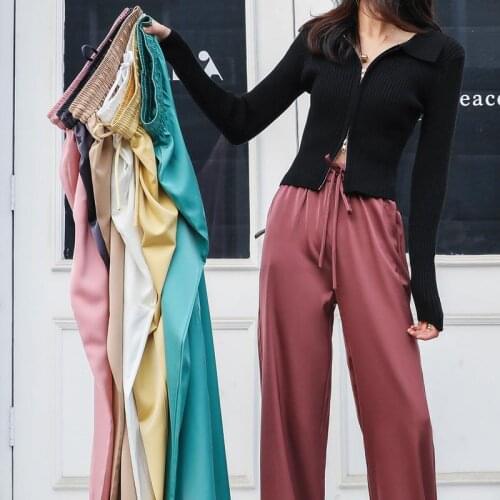 WKOUD Fashion Solid Wide Leg Pants For Women Elastic Waist Loose Smooth Pink Solid Trousers Y2K Female Simple Thin Sweatpants