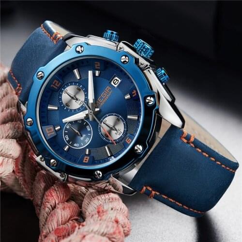 MEGIR Men Watch Top Brand Luxury Blue Chronograph Wristwatch Date Military Sport Leather Band Male Clock Relogio Masculino 2074