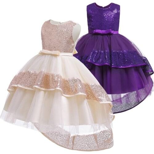 2021 Lace Sequins Formal Evening Wedding Gown Tutu Princess Trailing Dress Flower Girls Children Frocks for 4 6 8 10 12 Years