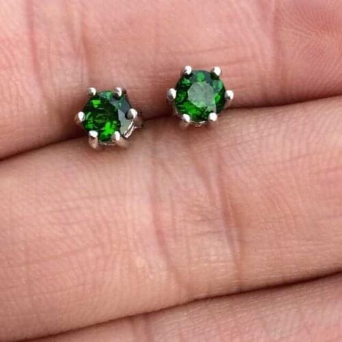 Natural diopside stud earrings 925 silver natural green gemstone earrings women personality round Earrings for anniversary