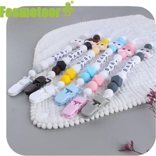 Fosmeteor 1pcs Customized Name Infant Baby Pacifier Clips Chain Dummy Nipple Holder Leash Strap Hamster Silicone Beads Teething
