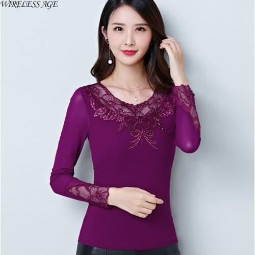 WIRELESS AGE T Shirt Women Long Sleeve Round Neck Solid Color Hollow Out Lace Slim Casual Womens Tops New Summer Fashion Wild
