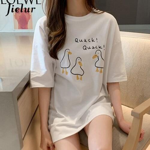 Jielur Summer Cotton T-shirt Women Black White Cute Cartoon Duck Print Short Sleeve Tee Shirt Female BF Harajuku T-shirts Woman
