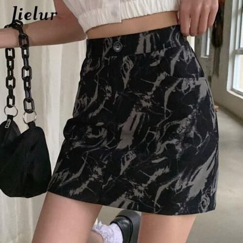 Jielur Tie Dye Printed Womens Skirts Summer 2021 Retro High Waist Thin A-line Skirts Female Black Bodycon Mini Skirts OL S-XL