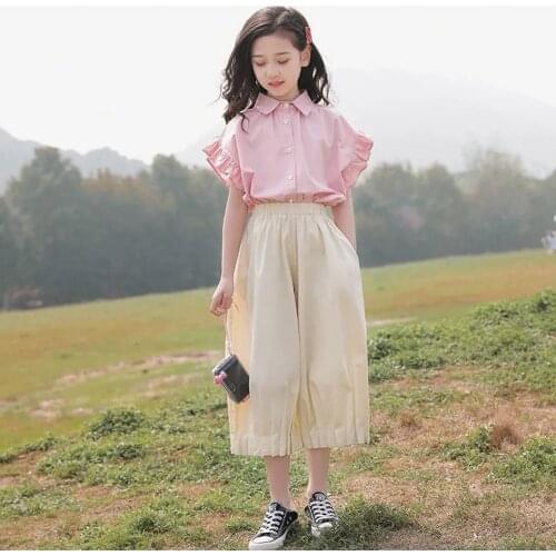 Summer Girl Clothing Sets Kids Short Sleeve Shirts Blouses +Wide Leg Pants Teens Big Girl Sets 2 Pieces Children Clothes Outfits