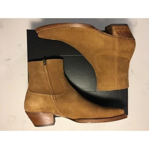Brown Suede Lukas Boots Cuban Heel Zipper Street Style Rock Roll Fashion Show Shoes