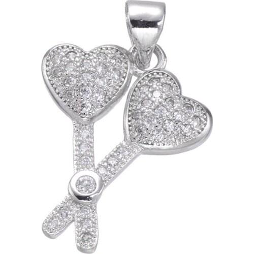 Micro Pave Zircon Double Heart Necklace Pendant With 0.3ct Crystal Silver Color Key/Scissor Shape Charms For Necklaces Jewelry