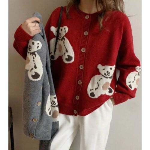 2021 Fashion Cardigan Women Cute Sweater Coat Cartoon Bear Print Korean Knitwear Girls Sweet Loose Cardigans Fmelae Ladies