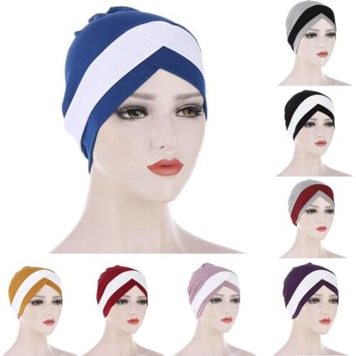 Forehead Cross Muslim Turban Pure Color Stretch Cotton Inner Hijabs For Caps Ready To Wear Women Head Scarf Under Hijab Bonnet