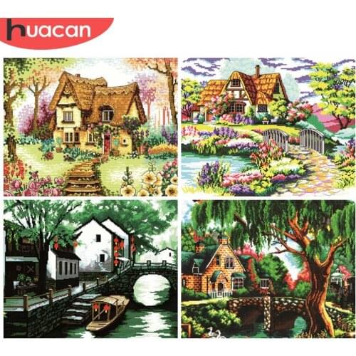 HUACAN Cross Stitch Scenery Kits White Canvas 11CT 14CT DIY Gift Needlework Embroidery Landscape Sets Home Decoration