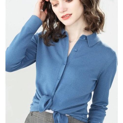 2020 New Polo Collar Knitting Cardigan Sweater Shirt Loose Coat Lapel Rendering Short Fund Long Sleeve Sweater Woman