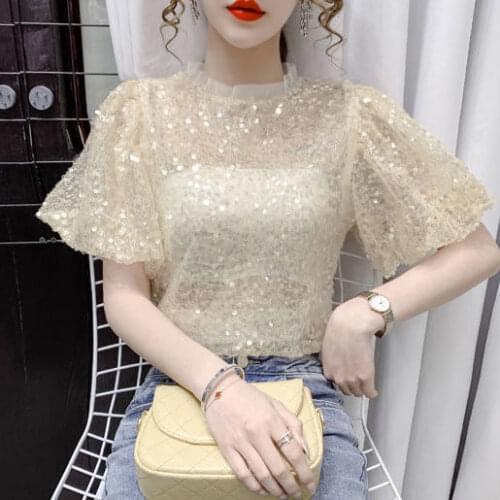 2021 spring and summer new short-sleeved thin stand-up collar top super fairy all-match casual fashion lace chiffon shirt women