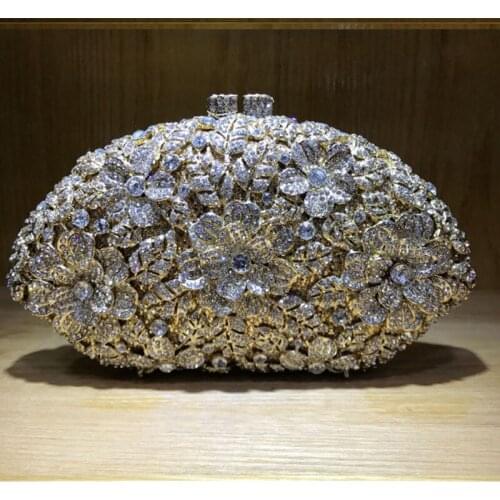 Luxury Women Bridal Gold Floral Crystal Clutch Purse Handbag Metal crystal diamond Hard Case box Evening Bag With Shoulder Chain