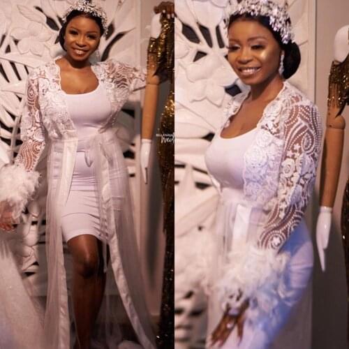 White Feather Bridal Bathrobe Long Sleeve Wedding Sleepwear Pajamas Nightgowns Lace Appliqued Dress Gown Photo Shoot Props