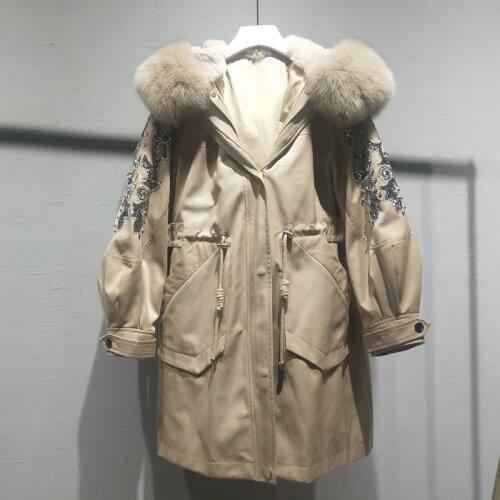 Fox real natural fur collar women coat winter parka real fur Embroidered with diamond designs genuine fur linning