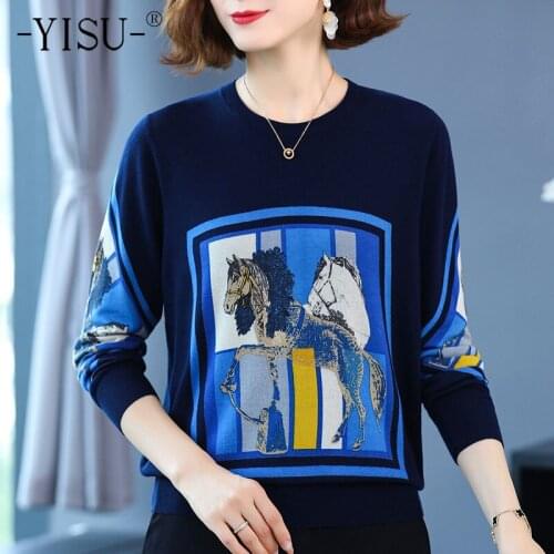 YISU Spring Autumn Woman clothing Wool Sweater O-Neck Knitted pullove Women tops Female Casual Horse Printing Loose Jumper