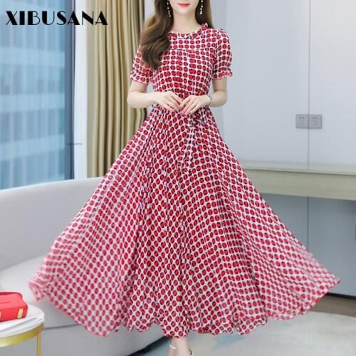 Women Short Sleeve O-Neck Dot Flare Sleeve Chiffon Dress Summer Holiday Boho Beach Long Dress Female Plus Size 4XL Vestidos New