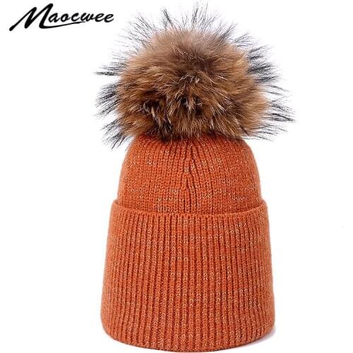 Natural Raccoon Fur Pompom Hat For Ladies Gold Wire Crochet Slouch Bonnets Thick Warm Winter Hats Women Outdoor Knitted Beanie