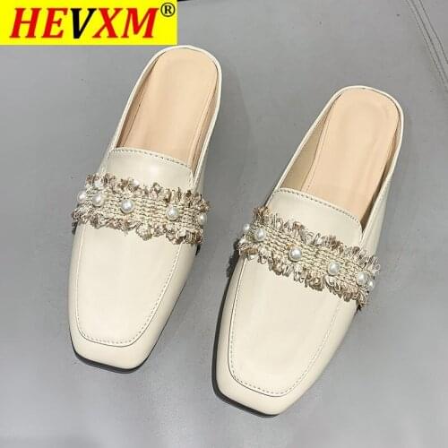 New Brand Pearl Bowknot Women Slippers Fashion Square Toe Slip On Mules Shoes Flat Heels Casual Female Party Slides Flip Flop