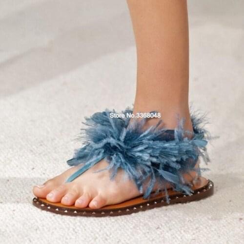 2019 Geniune Leather Feather Decor Woman Flat Sandals Ostrich Fur Flip Flops Blue Buckle Strap Outside Beachwear Summer Shoes