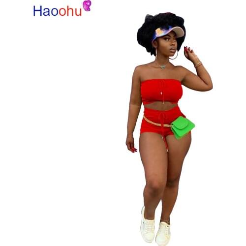 Women Sport Solid Two Piece Set Jogger Sweatpants Suit Strapless Crop Top Shorts Tracksuit Matching Set Fitness Beach Outfits