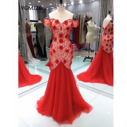 Elegant Long Evening Dresses 2019 Mermaid Off Shoulder 3D Flowers Beaded Arabic Red Women Formal Prom Evening Gowns For Wedding