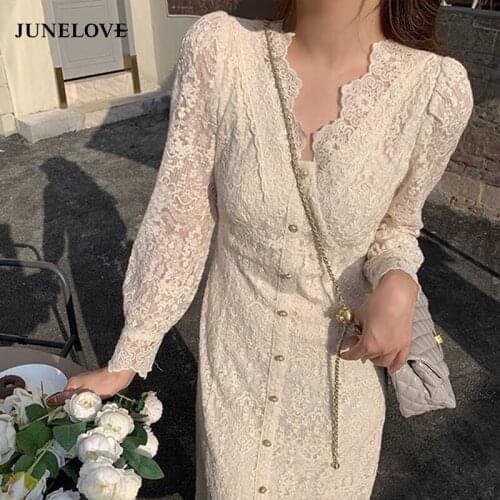 Women V-neck Korean Dress Autumn One-piece Evening Lady Party Fairy Dress 2021 Elegant Lace Long Sleeve Midi Dress Winter White
