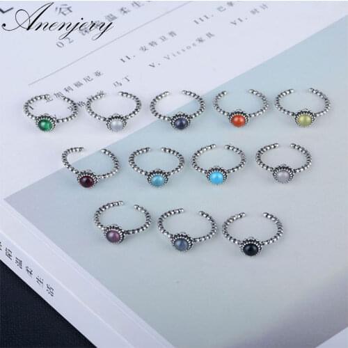 ANENJERY 925 Sterling Silver Vintage Fashion Twelve Months Birthday Stone Thai Silver Ring For Women anilons S-R101