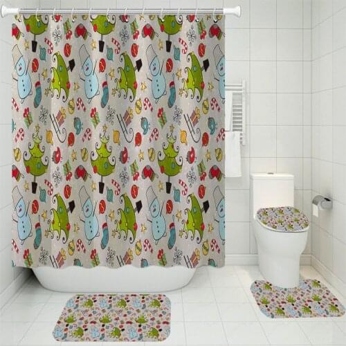 3/4 Pieces Merry Christmas Shower Curtains Sets Festival Rugs 3D Print Polyester Bathroom Mat Colorful For Gift Bath Sets