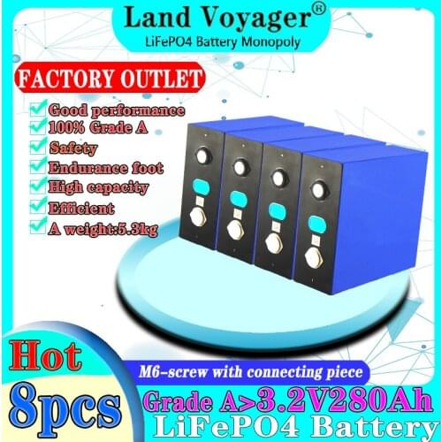 8PCS 3.2V280AH LIFEPO4 Battery 2021 Grade A NEW Cell Rechargeable Lithium Iron 24V280AH for RV SOLAR EV Marine EU US TAX FREE