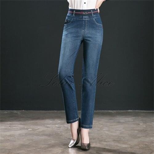 Free shipping 2020 womens spring and autumn new elastic waist straight-leg jeans stretch middle-aged plus size pants