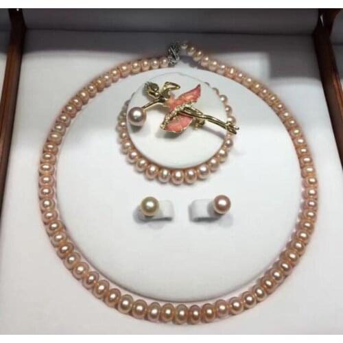 Free shipping 8-9mm AAA white Lavender Freshwater Pearl Necklace Bracelet Earrring brooch Sets free Collocation