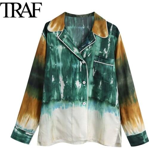 Traf Women Clothing 2021 Spring Autumn Long Sleeve Blouses Chic Street Loose Button Up Shirts French Fashion Tie Dye LadiesTops