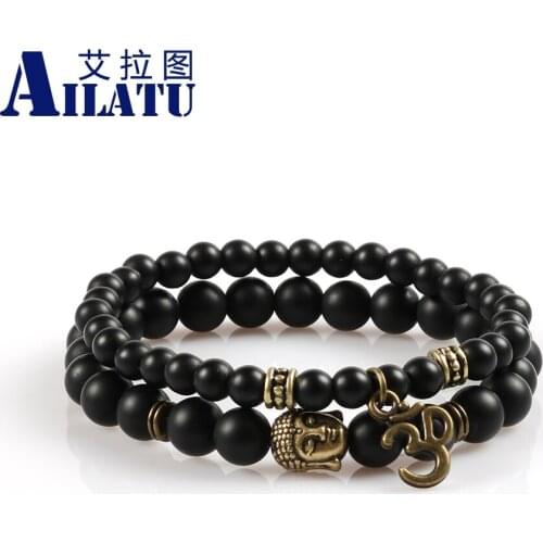 Ailatu Religious Couple Bracelets Made of 6mm&8mm Black Matte Onyx Stone Beads with Bronze Buddla Heads and Om Charms