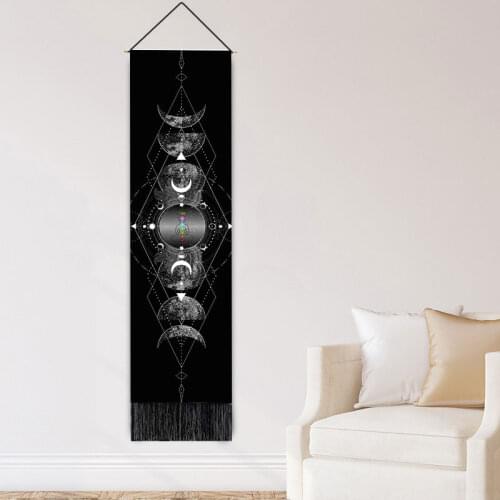 Seven Chakras Paintings Black and White Lunar Eclipse Decor Cloth Tapestry Bohemian Living Room Hanging Tassel Scroll Painting