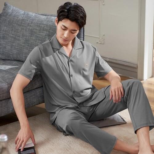 Men Cardigan Pajamas Set Summer Full Pure Cotton Male Pyjamas Loose Men Home Set Sleepwear Short-sleeve Tops + Long Pants 2pcs