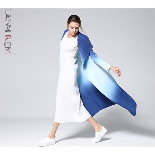 LANMREM 2021 New Fashion Pattern Pleated Leisure Long Sleeve Cardigan Large Lapel Gradient Color Slim Womens Trench Coat AD048