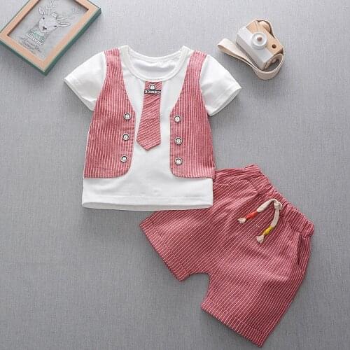 2021 Summer Baby Boys Short Sleeve Fake Tie Print Tops Shirts+Striped Shorts Casual Outfits Sets