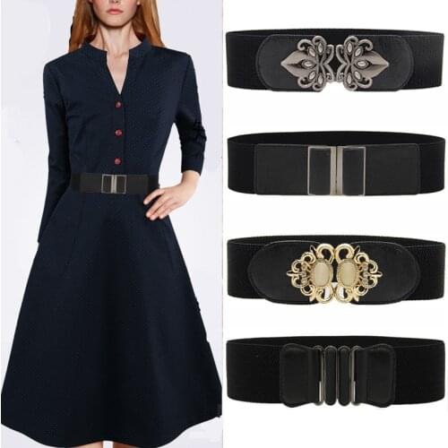 Fashion Wide Leather Belts for Women vintage Metal Buckle cummerbunds black Elastic waistband Woman Waistbands for Women Dress
