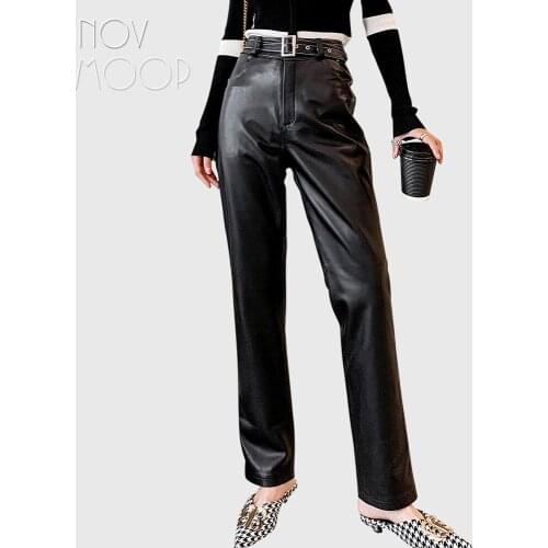 Novmoop genuine leather full length women pants without leather patch straight elegant daily long Pantalons en cuir LT3465