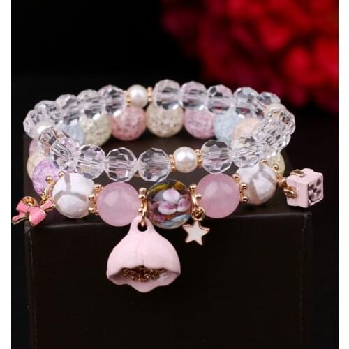 New Japanese and Korean style sweet multi-layer student bracelet womens double-layer floral crystal beaded bracelet for women
