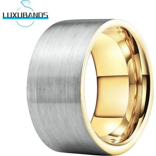 12MM Mens Gold Tungsten Wedding Rings For Women Pipe Cut Engagement Bands Brushed Finished Comfort Fit