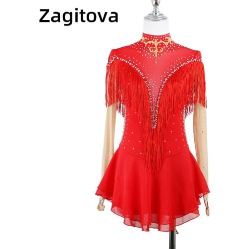 Red Long Sleeve Tassels Crystal Diamond Bow Figure Skating Dress Ice Skating Skirt Womens and Girls