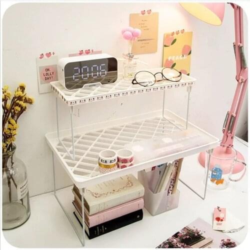Simple Folding Storage Rack Double Plastic Desktop Books Sundries Shelf Bathroom Makeup Organizer Home Office Storage Holders