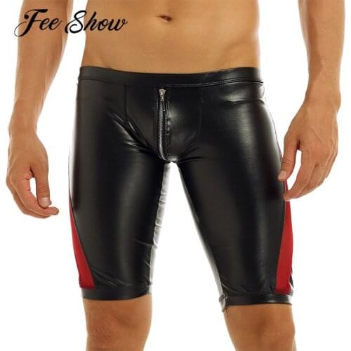 Sexy Men Soft Faux Leather Hot Shorts Exotic Pants Night Clubwear Zipper Crotch Mesh Splice Low Rise Slim Fit Tight Boxer Shorts