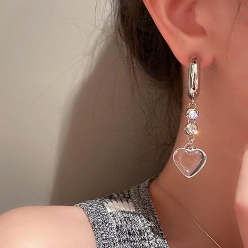 VSnow Textured Transparent Love Heart Dangle Earring for Women Long Tassel Cubic Zircon Silver Color Metal Earring Jewellery
