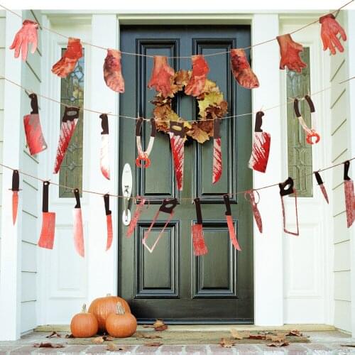 Horror Halloween Decoration Bloody Hand Knife Flag With Rope Creepy Halloween Hanging Decorative Bar Home Party Atmosphere Decor