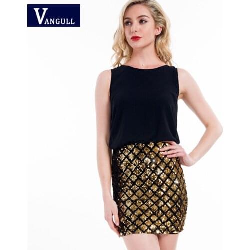 Vangull Party Dresses Women Multicolor Sleeveless Zipper Back Contrast Sequin Sheath Dress 2021 New Two Tone Sparkle Combo Dress