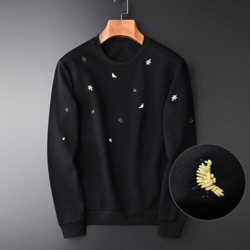 Spring Luxury 100% Cotton Bird And Flower Round Collar Sweatshirt Male Plus Size 4xl Slim Black Men Hoodie